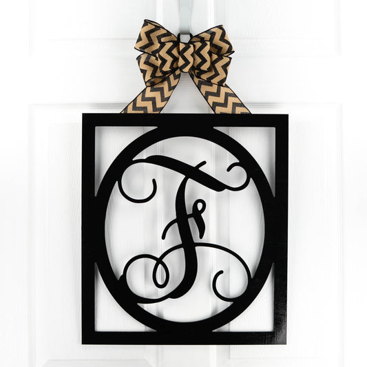 Letter F : Black and Burlap Framed Monogram door hanger