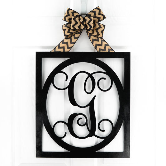 Letter G : Black and Burlap Framed Monogram door hanger