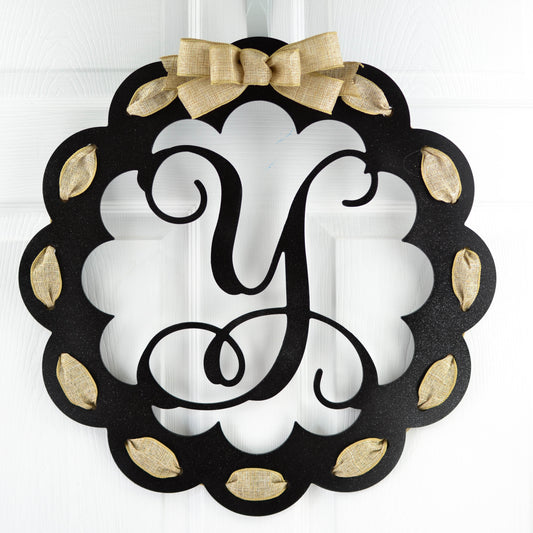 Letter Y : Black and Burlap Scalloped Monogram door hanger