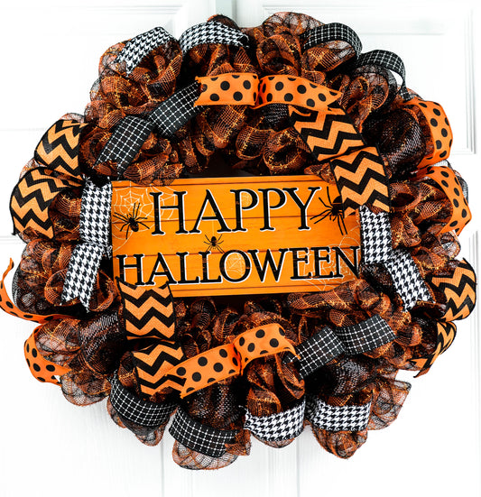 Halloween Wreath Decorations | Spider Deco Mesh Front Door Wreath; Orange Black