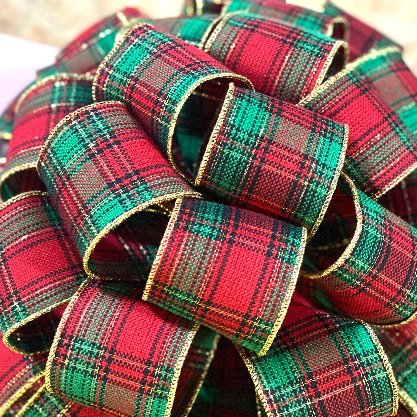 Tartan Plaid Red Green Gold Bow Tree Topper - Christmas Tree Bow