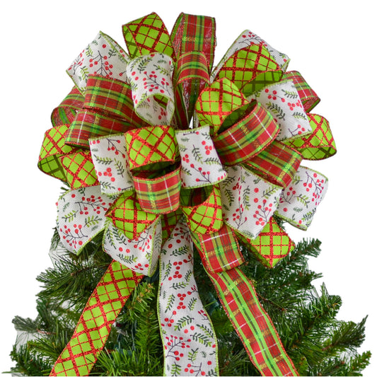 Christmas Tree Topper Bow with Holly Berries | Red Lime Green White