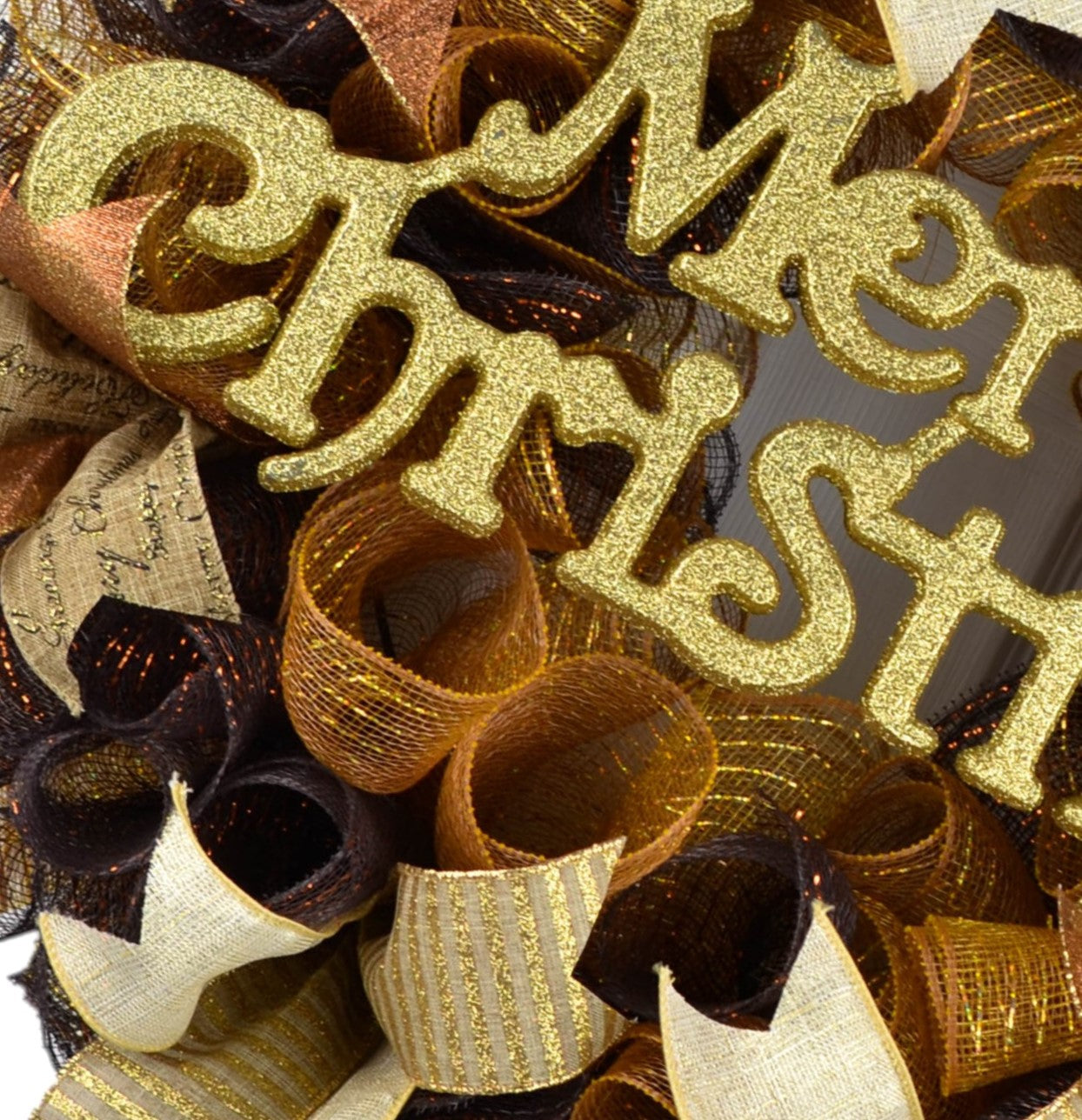 Brown Gold Merry Christmas Mesh Front Door Wreath | Rustic Holiday Decor