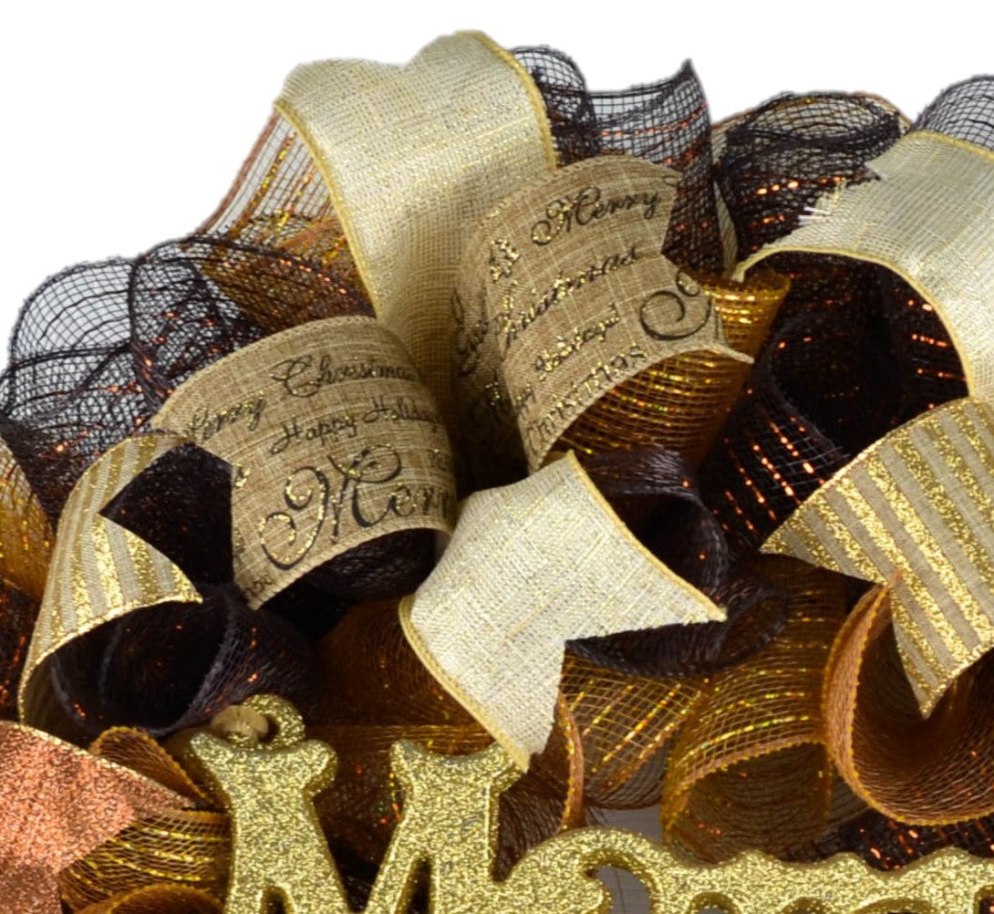 Brown Gold Merry Christmas Mesh Front Door Wreath | Rustic Holiday Decor