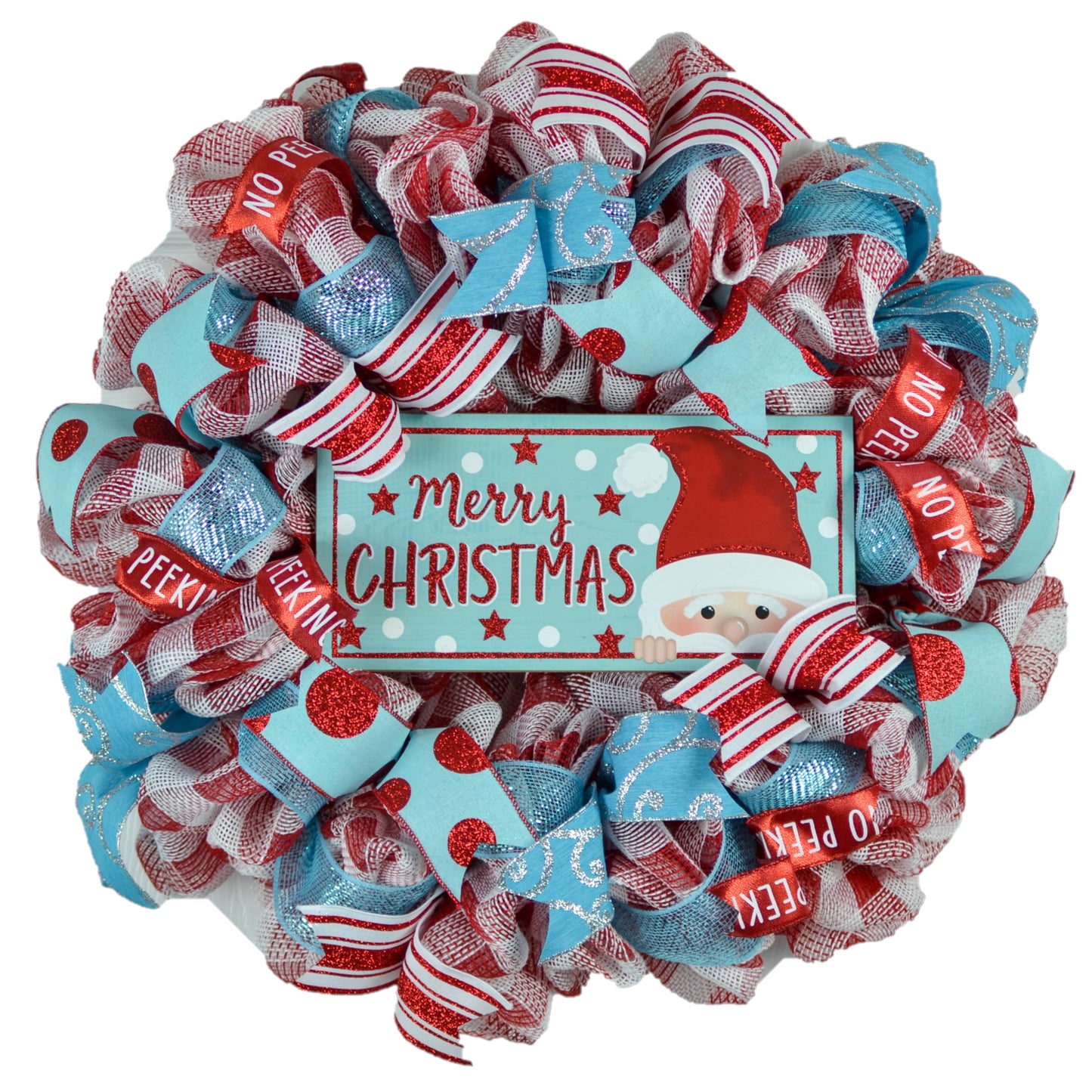 Peeking Santa Claus Wreath - Merry Christmas Mesh Outdoor Front Door Wreath - Red Turquoise White