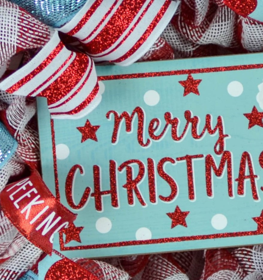Peeking Santa Claus Wreath - Merry Christmas Mesh Outdoor Front Door Wreath - Red Turquoise White
