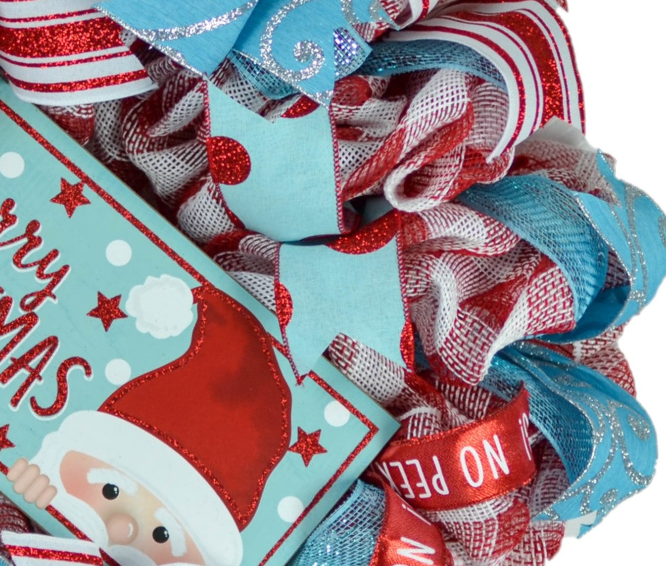 Peeking Santa Claus Wreath - Merry Christmas Mesh Outdoor Front Door Wreath - Red Turquoise White