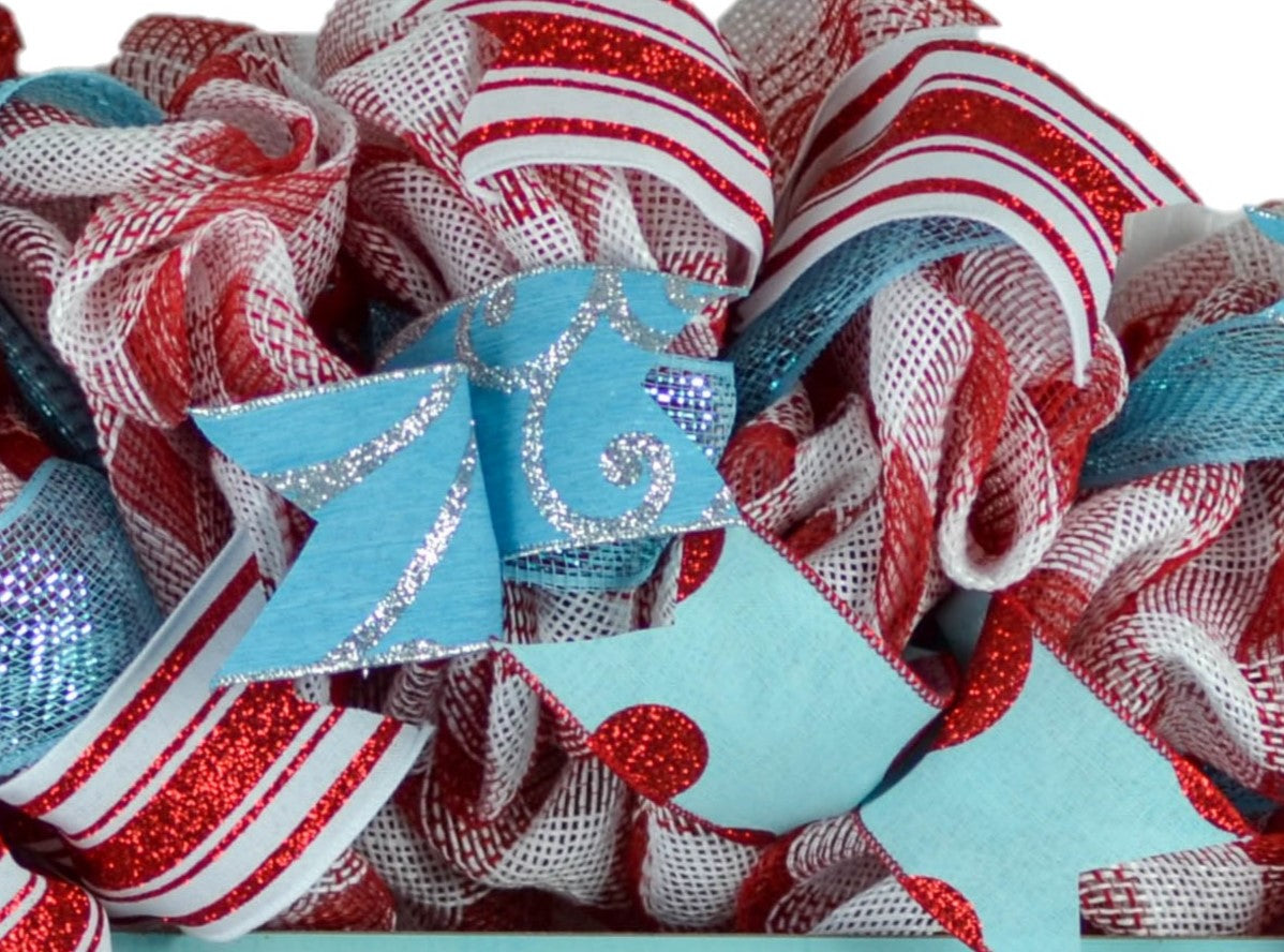 Peeking Santa Claus Wreath - Merry Christmas Mesh Outdoor Front Door Wreath - Red Turquoise White