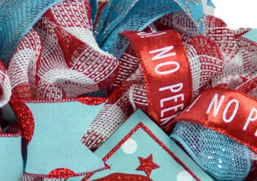 Peeking Santa Claus Wreath - Merry Christmas Mesh Outdoor Front Door Wreath - Red Turquoise White