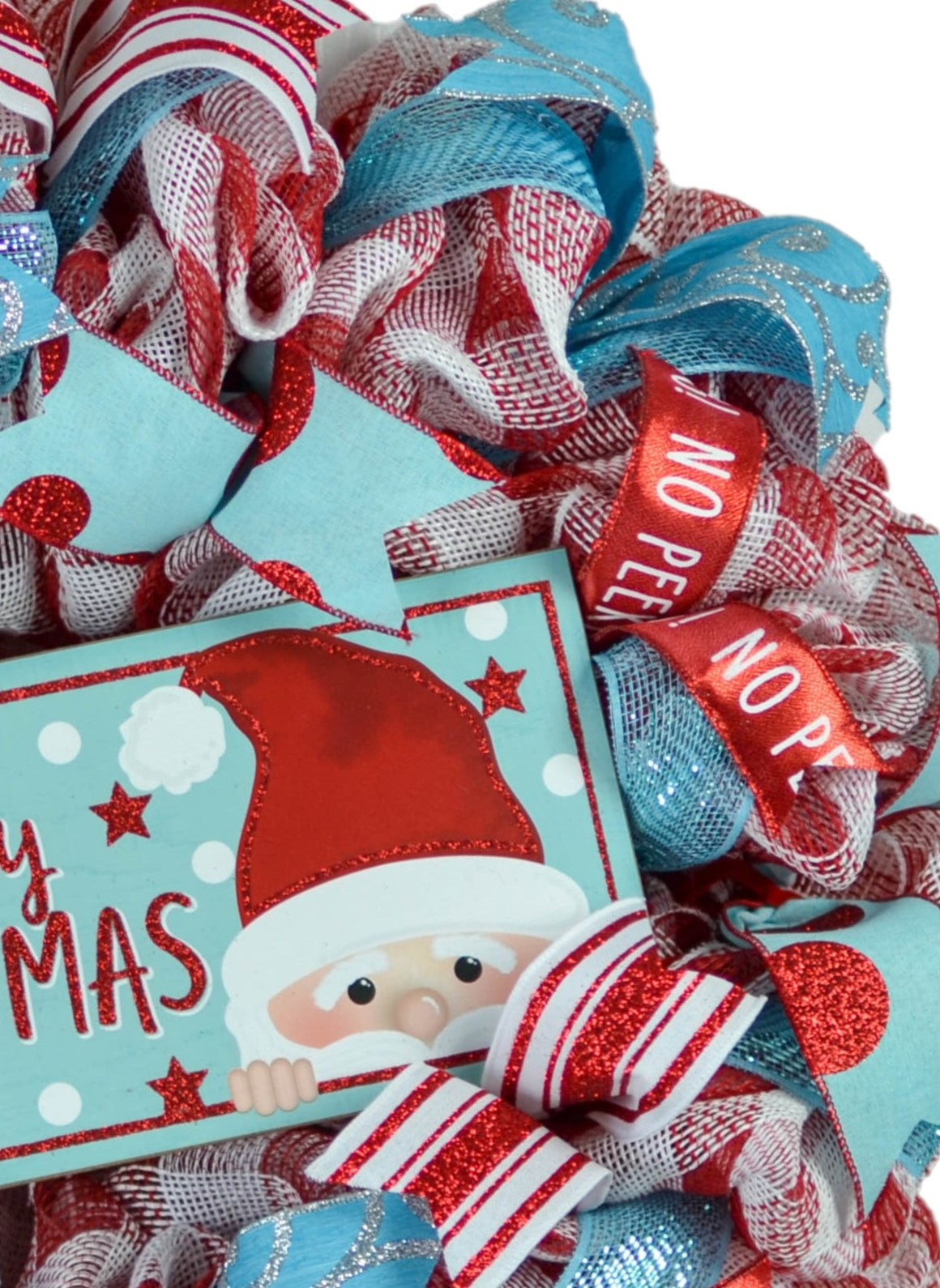Peeking Santa Claus Wreath - Merry Christmas Mesh Outdoor Front Door Wreath - Red Turquoise White