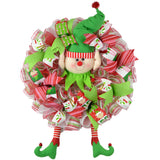 Elf Christmas Front Door Wreath | Holiday Mesh Wreath | Red White Lime Green