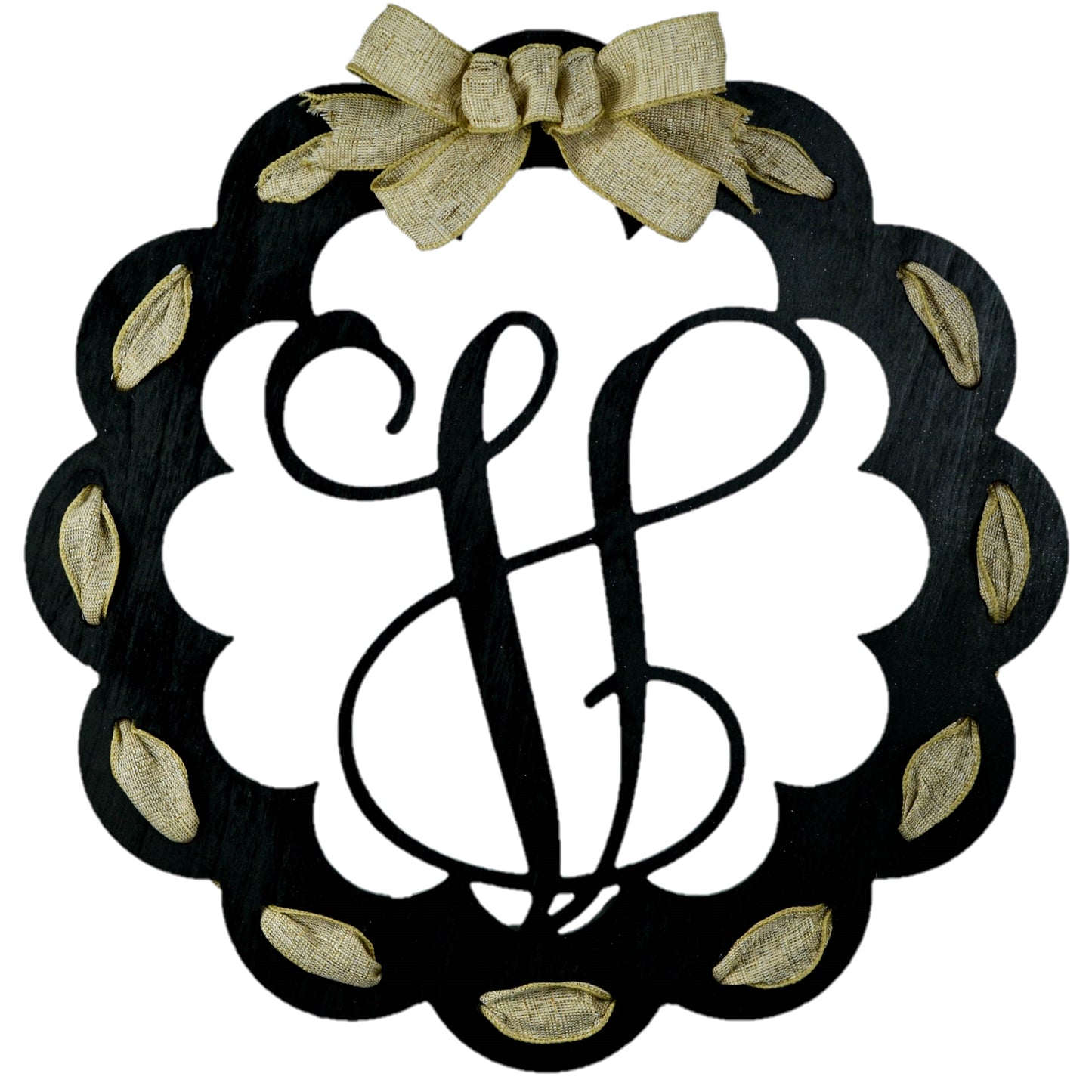 Letter V : Black and Burlap Scalloped Monogram door hanger