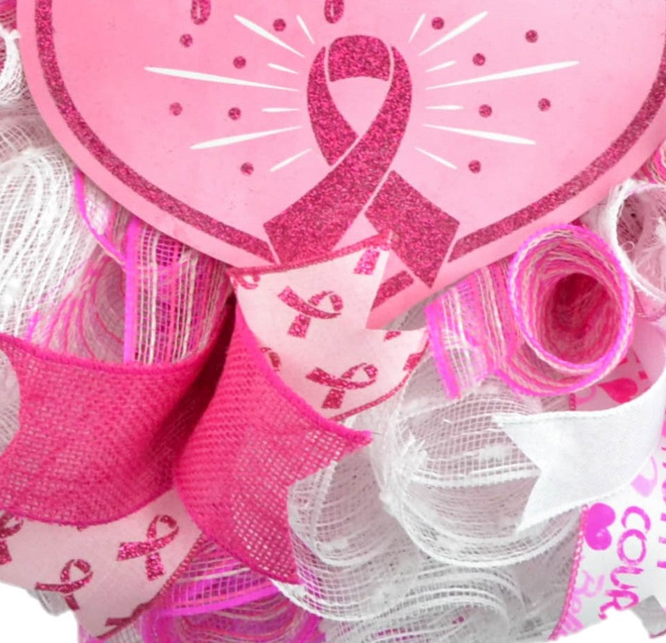 Breast Cancer Awareness Wreath - Pink White Burlap Wreath - Cancer Awareness Survivor Gift