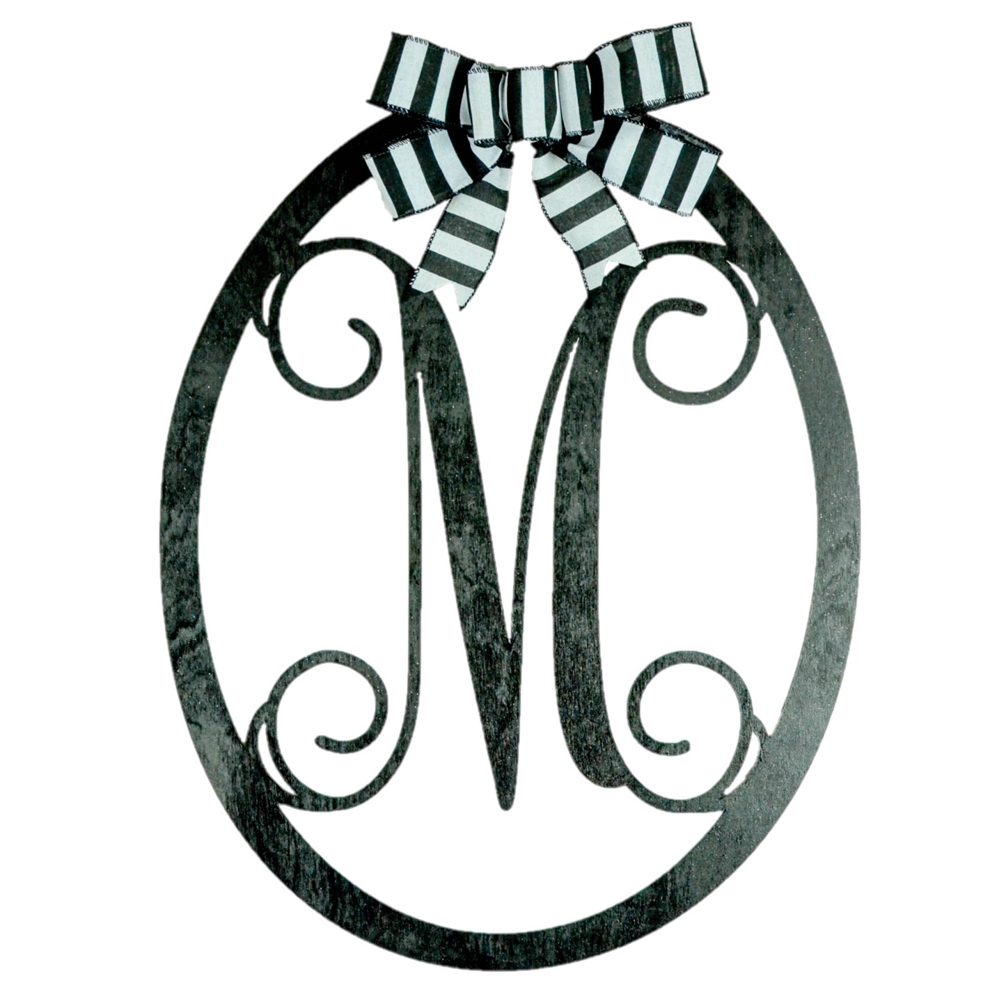 Oval Monogram Door Hanger | Black Vintage Mother's Day Gift | Personalize Me! | Stripe Bow Decor