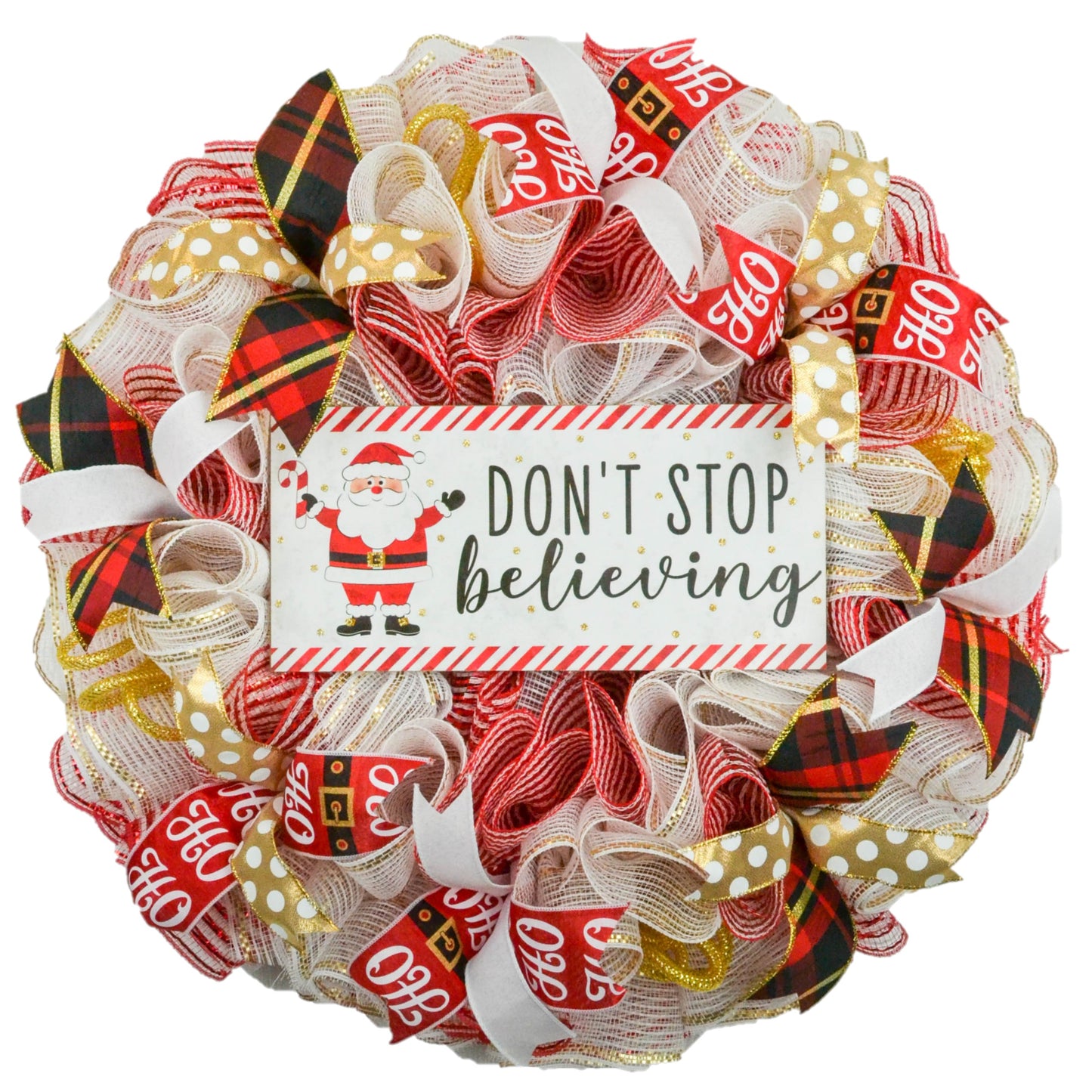 Santa Claus Wreath - Don't Stop Believing Christmas Front Door Wreaths - Outdoor Decor - White Red Black Gold