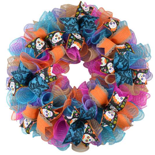 Day of the Dead Wreath, Skull decoration, Front Door Wreath Mesh - Multi Color Wreath