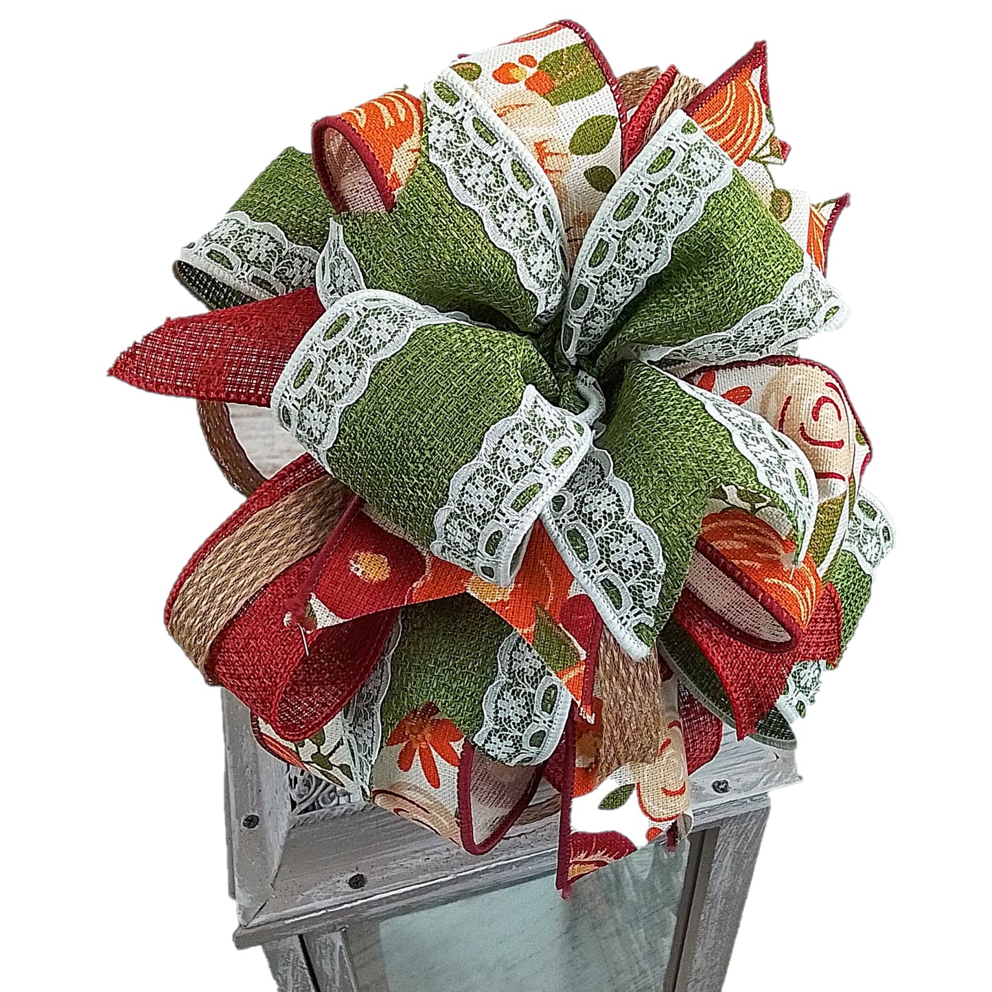 Fall Lantern Wreath Bow - Burlap Wreath Embellishment for Making Your Own - Layered Full Handmade Farmhouse Already Made