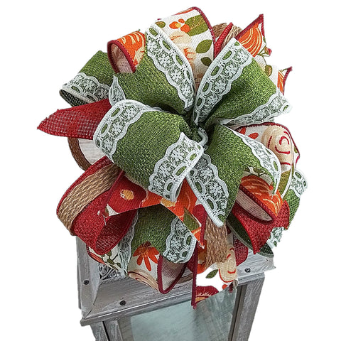 Fall Lantern Wreath Bow - Burlap Wreath Embellishment for Making Your Own - Layered Full Handmade Farmhouse Already Made
