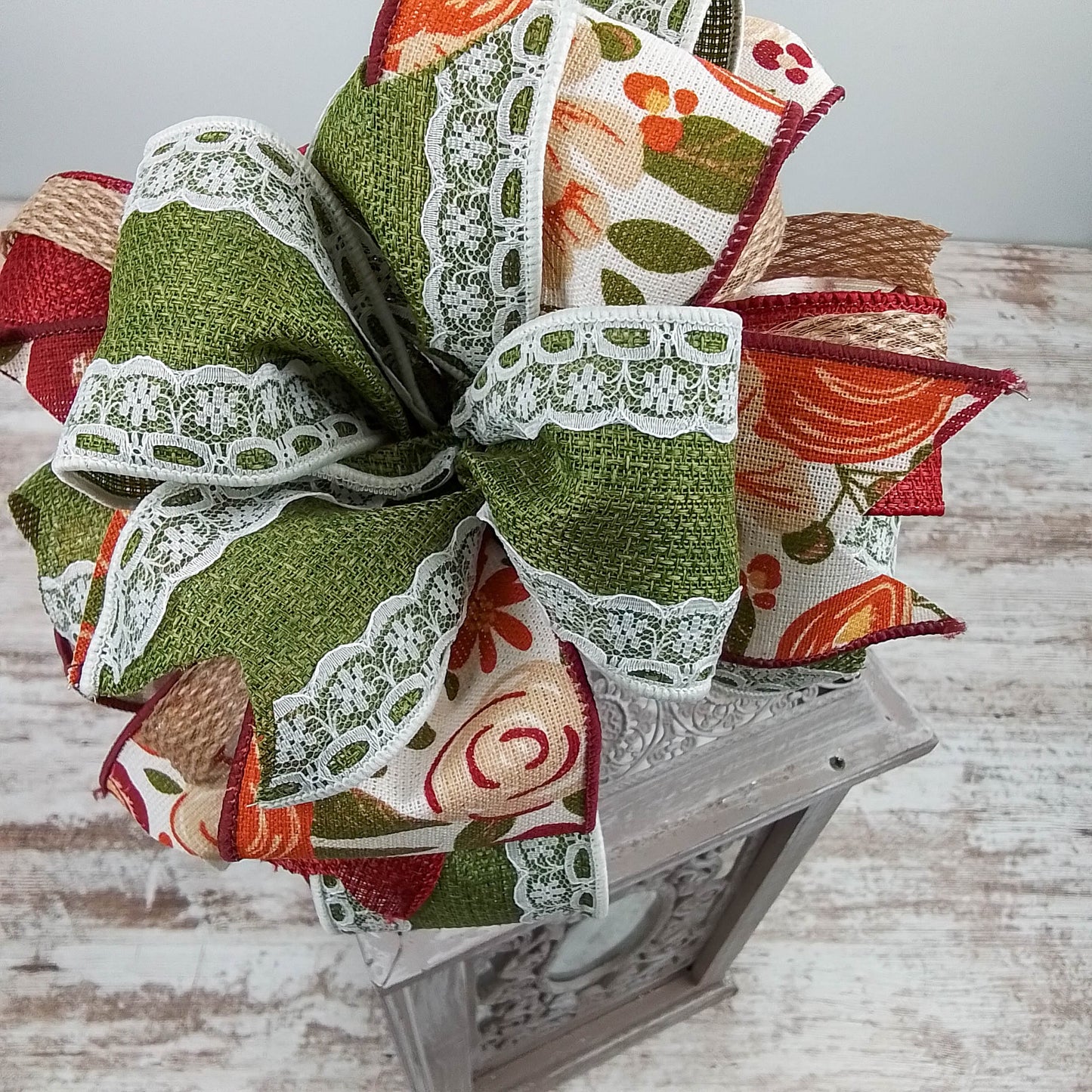 Fall Lantern Wreath Bow - Burlap Wreath Embellishment for Making Your Own - Layered Full Handmade Farmhouse Already Made