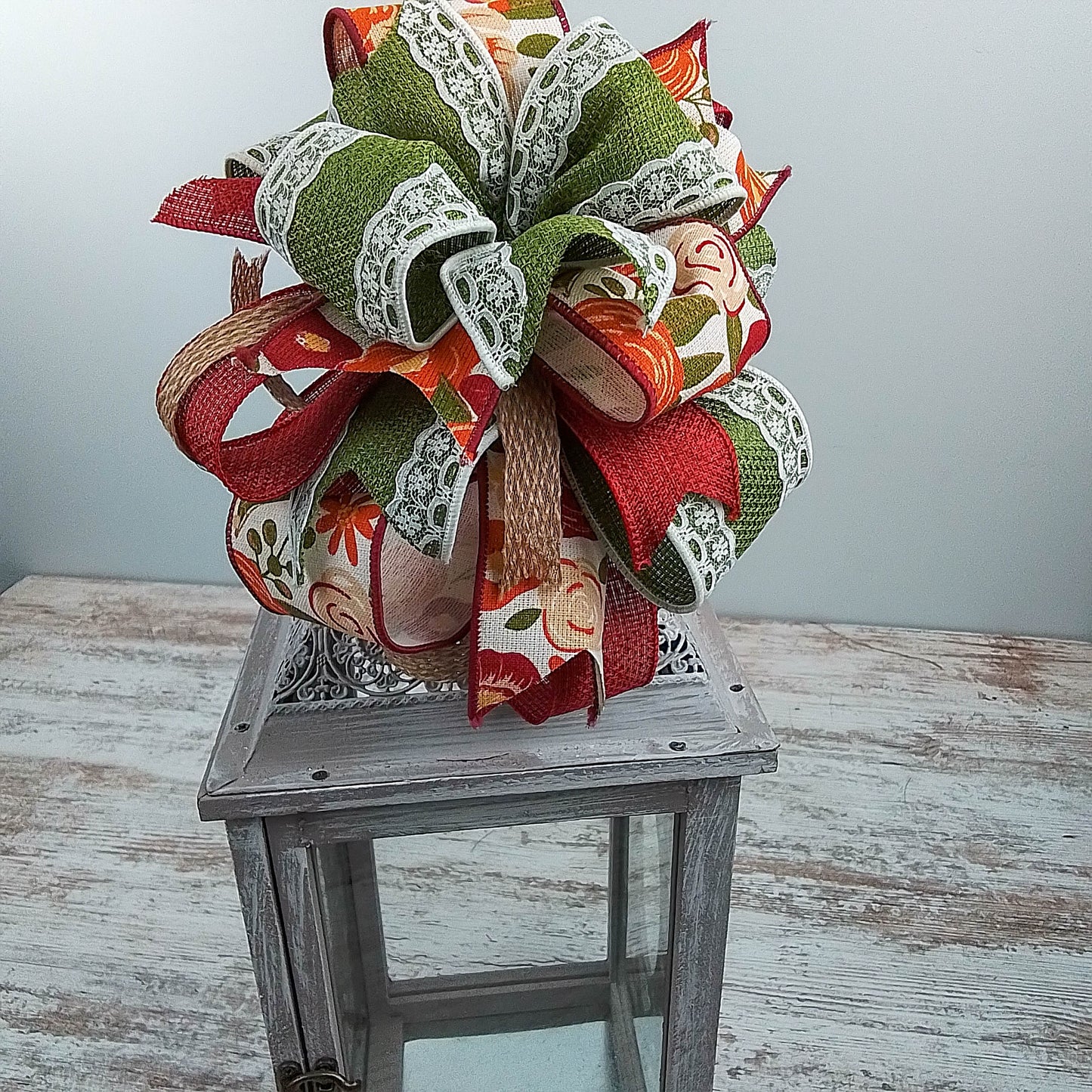Fall Lantern Wreath Bow - Burlap Wreath Embellishment for Making Your Own - Layered Full Handmade Farmhouse Already Made