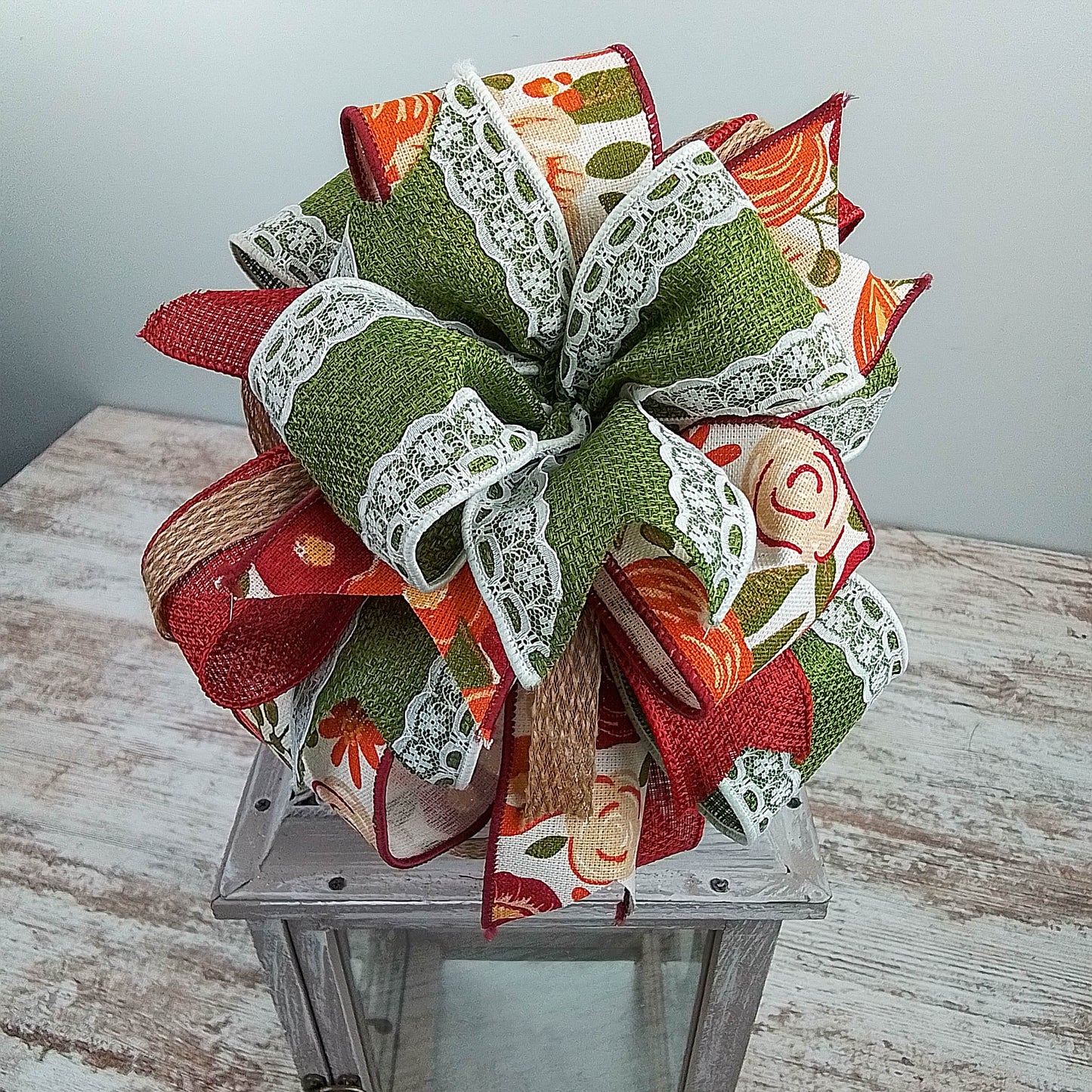 Fall Lantern Wreath Bow - Burlap Wreath Embellishment for Making Your Own - Layered Full Handmade Farmhouse Already Made