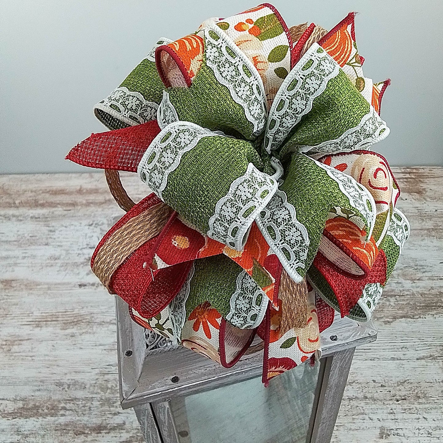 Fall Lantern Wreath Bow - Burlap Wreath Embellishment for Making Your Own - Layered Full Handmade Farmhouse Already Made