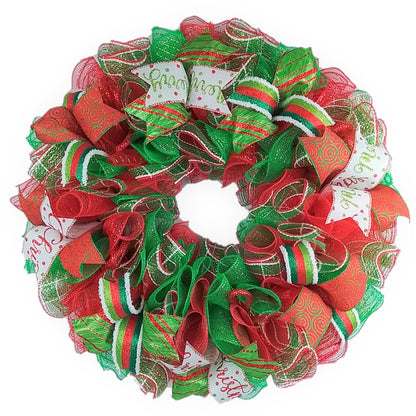 Red Lime Green White Monogram Mesh Christmas Door Wreath