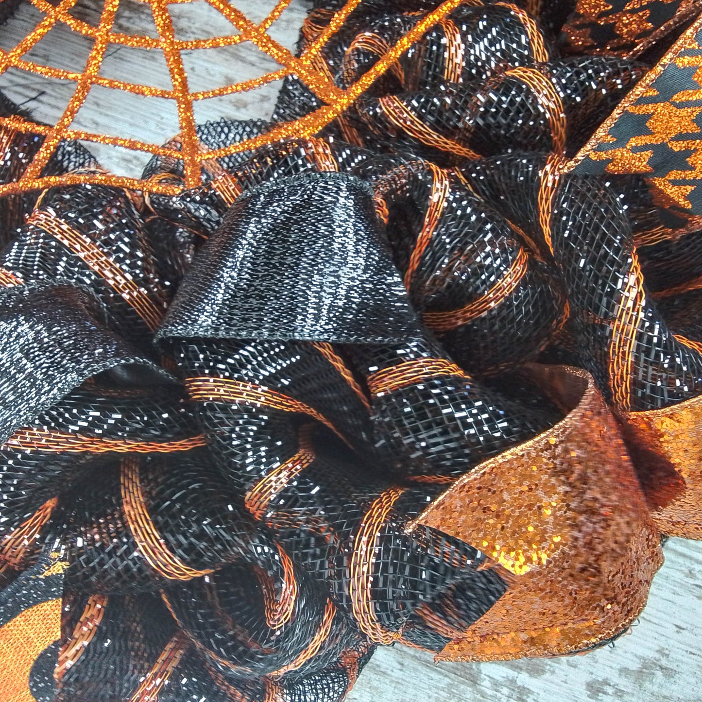 Halloween Glitter Spider Web Mesh Door Wreath | Black Orange