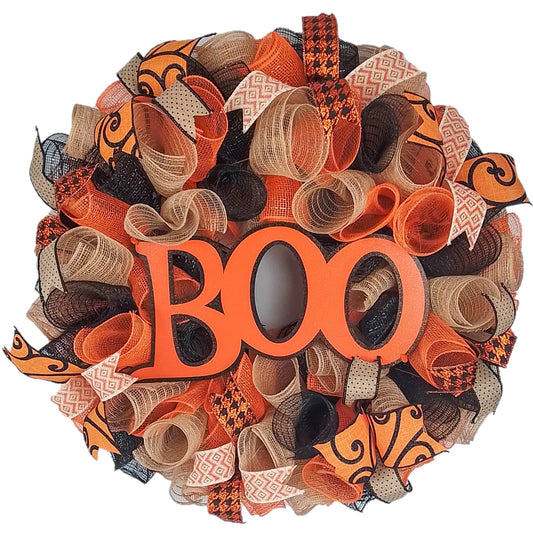 Boo Burlap Orange Halloween Door Wreath - Orange Jute Ghost Mesh Wreath