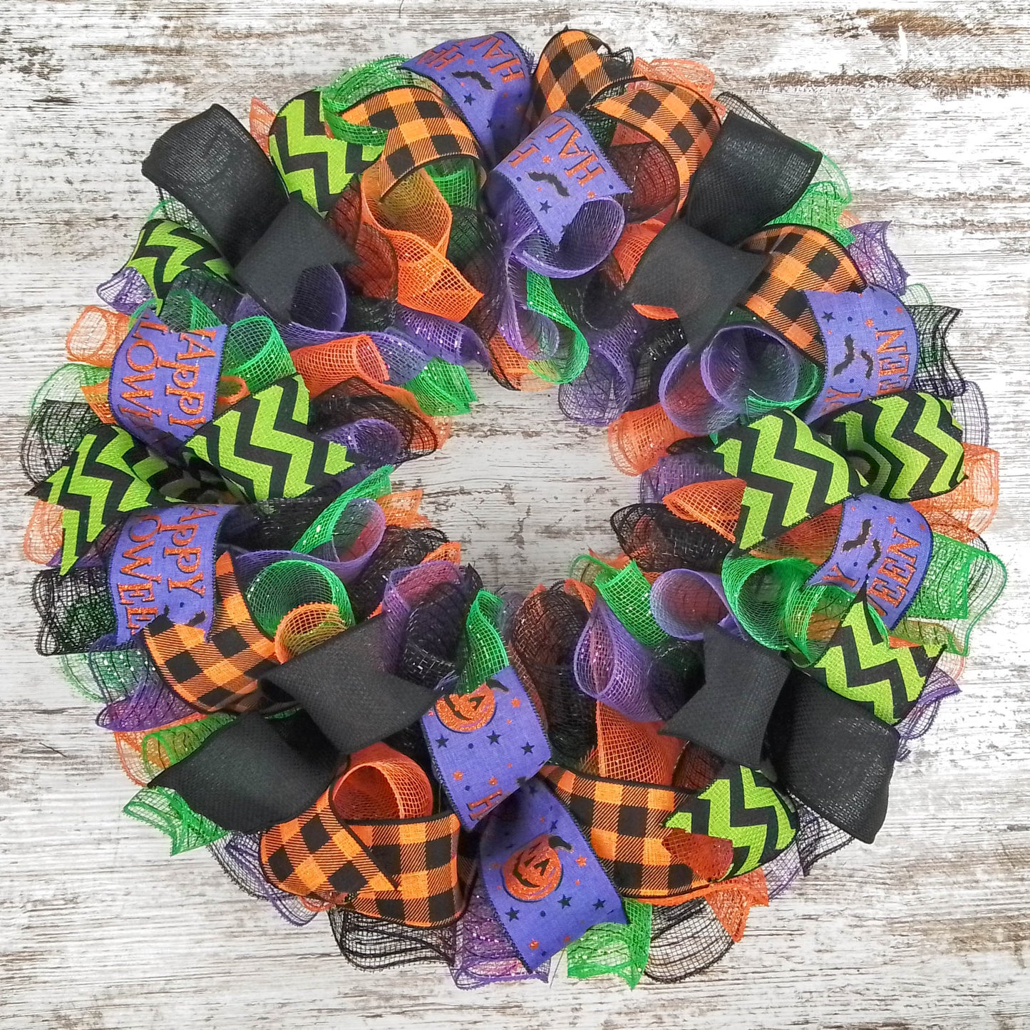 Halloween Wreaths | Deco Mesh Outdoor Front Door Wreath; Black White Purple Orange Lime Green : H2 (Copy)