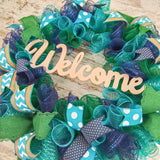 Year Round Door Wreaths | Spring Mesh Door Welcome Wreath | Navy Turquoise