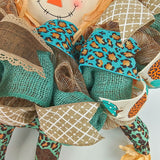 Animal Print Scarecrow Wreath - Thanksgiving Deco Mesh Fall Front Door Wreath;  Burlap Ivory Turquoise Teal