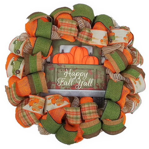 Happy Fall Y'All Wreath - Farm Truck Thanksgiving Front Door Wreath - Brown Orange Burlap Green