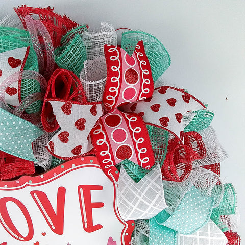 Valentine's Day mesh ribbon wreath with glitter hearts and birds