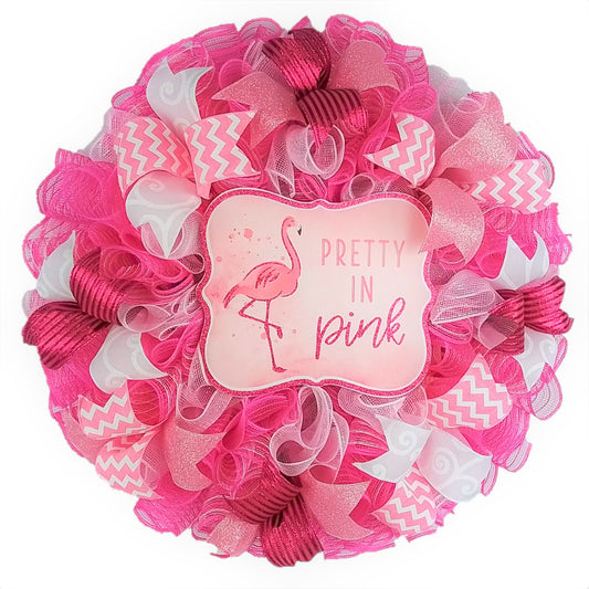 Pink Flamingo Wreath - Summer Spring Front Door Decor - Beach Decoration - Pink White