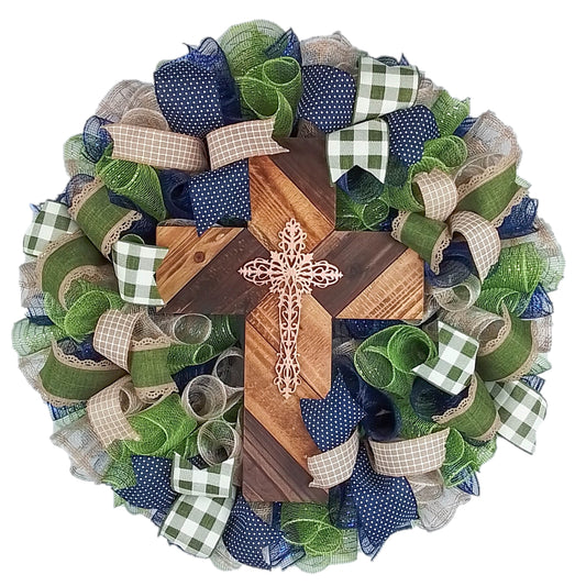 Moss Green and Navy Cross Wreath, Easter Decor