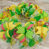 Summer Spring Everyday Welcome Mesh Door Wreath; Lime Green Yellow White