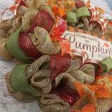 Thanksgiving Front Door Mesh Wreath - Autumn Leaves Pumpkins Please - Orange Burgundy Green