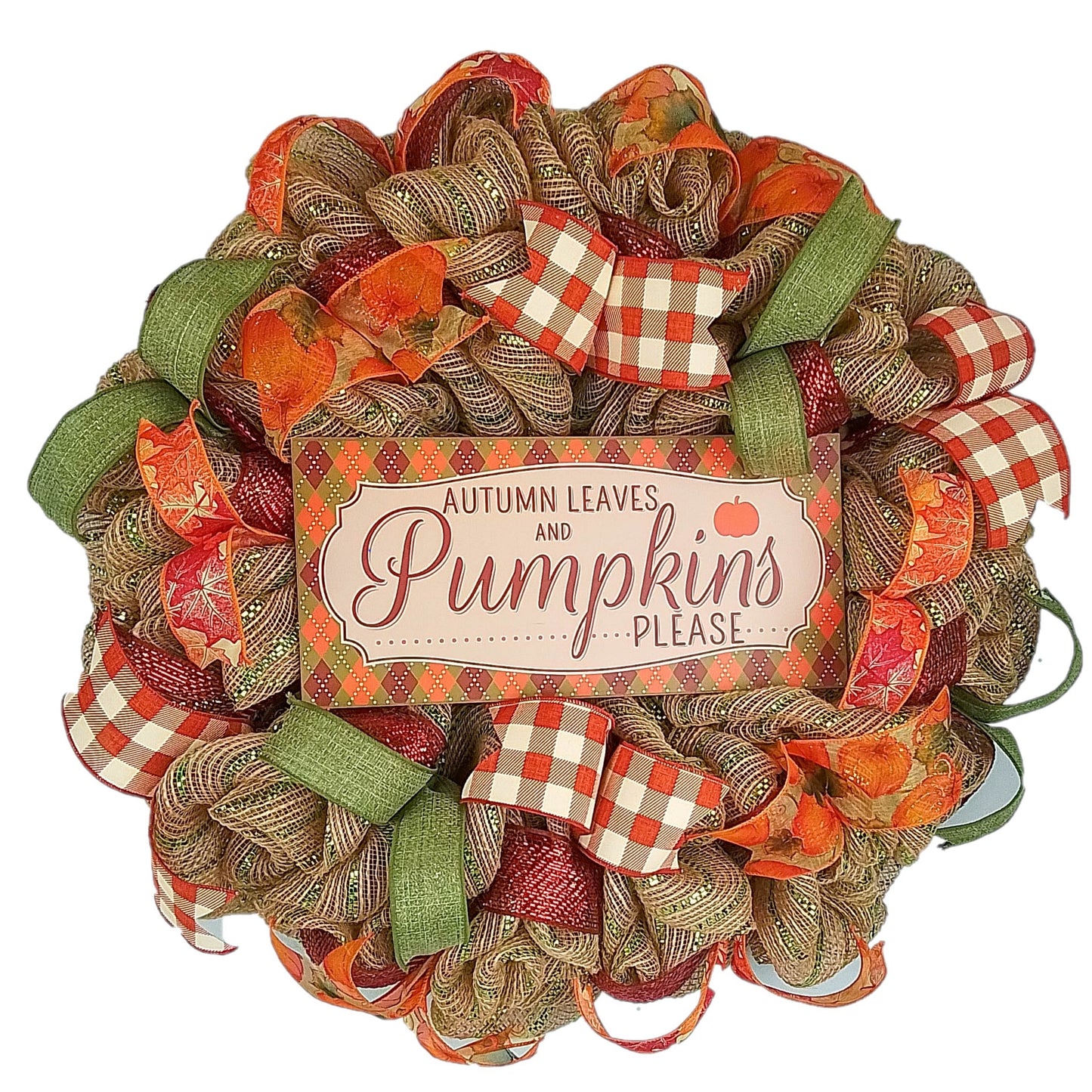 Thanksgiving Front Door Mesh Wreath - Autumn Leaves Pumpkins Please - Orange Burgundy Green