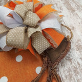Fall Decoration Gifts - Polka Dot Pumpkin Door Hanger - Fall Thanksgiving Grapevine Wreath - Halloween Door Hanger Oversized Bow Jute Burlap Door Decor