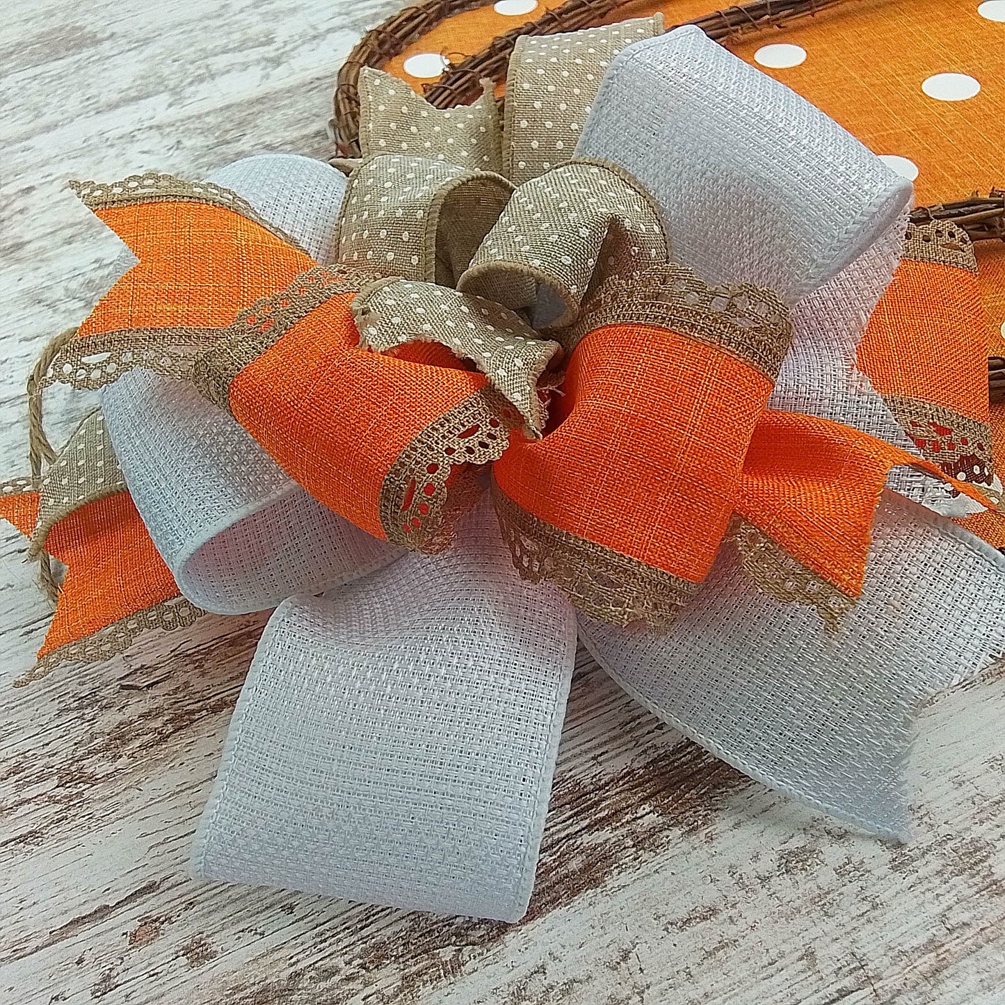 Fall Decoration Gifts - Polka Dot Pumpkin Door Hanger - Fall Thanksgiving Grapevine Wreath - Halloween Door Hanger Oversized Bow Jute Burlap Door Decor