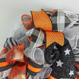 Witch Hat and Legs Halloween Wreath - Whimsical Fun Front Door Decor - Orange Black White