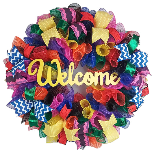 Colorful Welcome Wreath, Vibrant Door Hanger, Crafty Event Décor