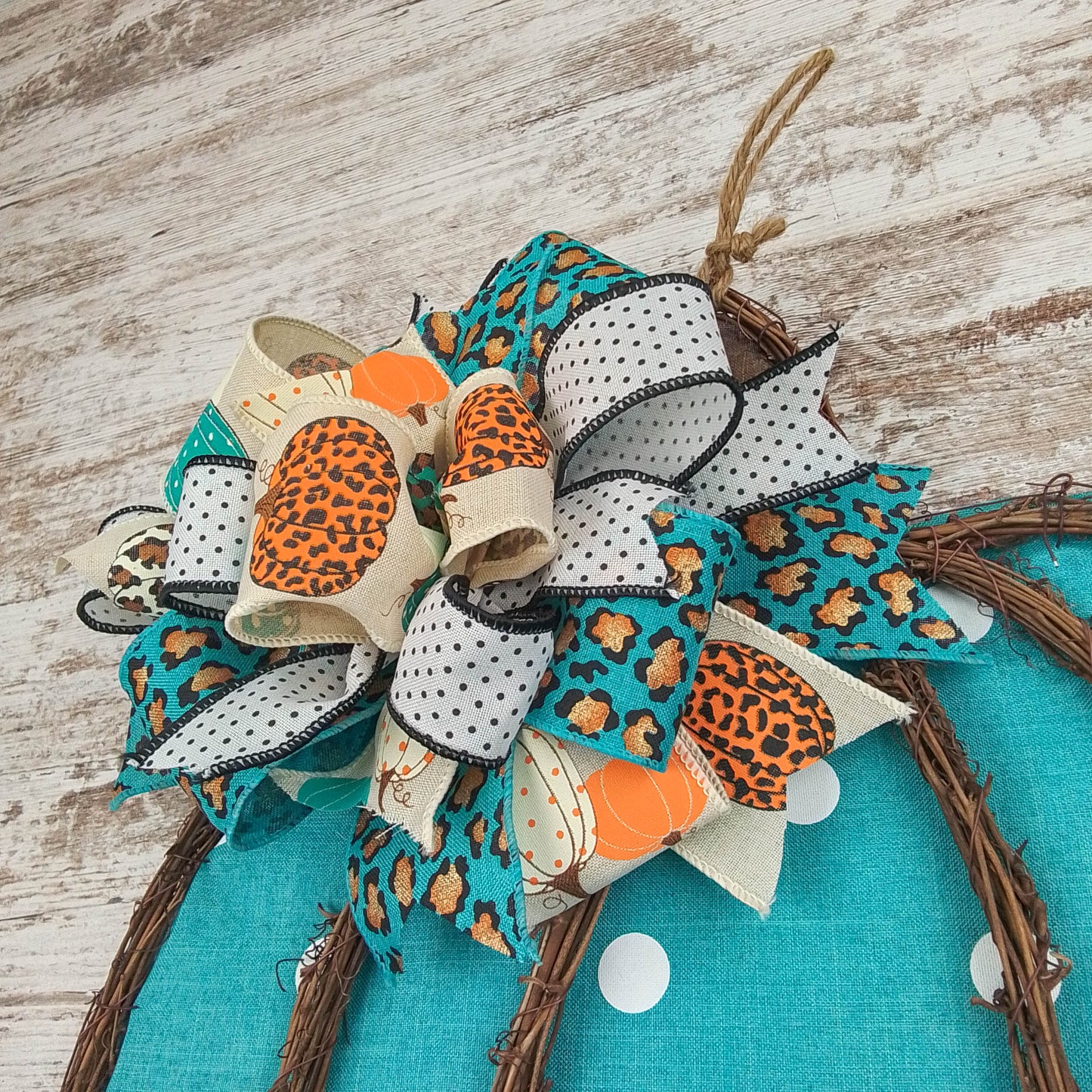 Turquoise Fall Decoration - Polka Dot Pumpkin Door Hanger Gifts - Fall Thanksgiving Grapevine Wreath - Halloween Door Hanger Oversized Bow Jute Burlap Door Decor; White Brown White