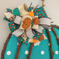 Turquoise Fall Decoration - Polka Dot Pumpkin Door Hanger Gifts - Fall Thanksgiving Grapevine Wreath - Halloween Door Hanger Oversized Bow Jute Burlap Door Decor; White Brown White