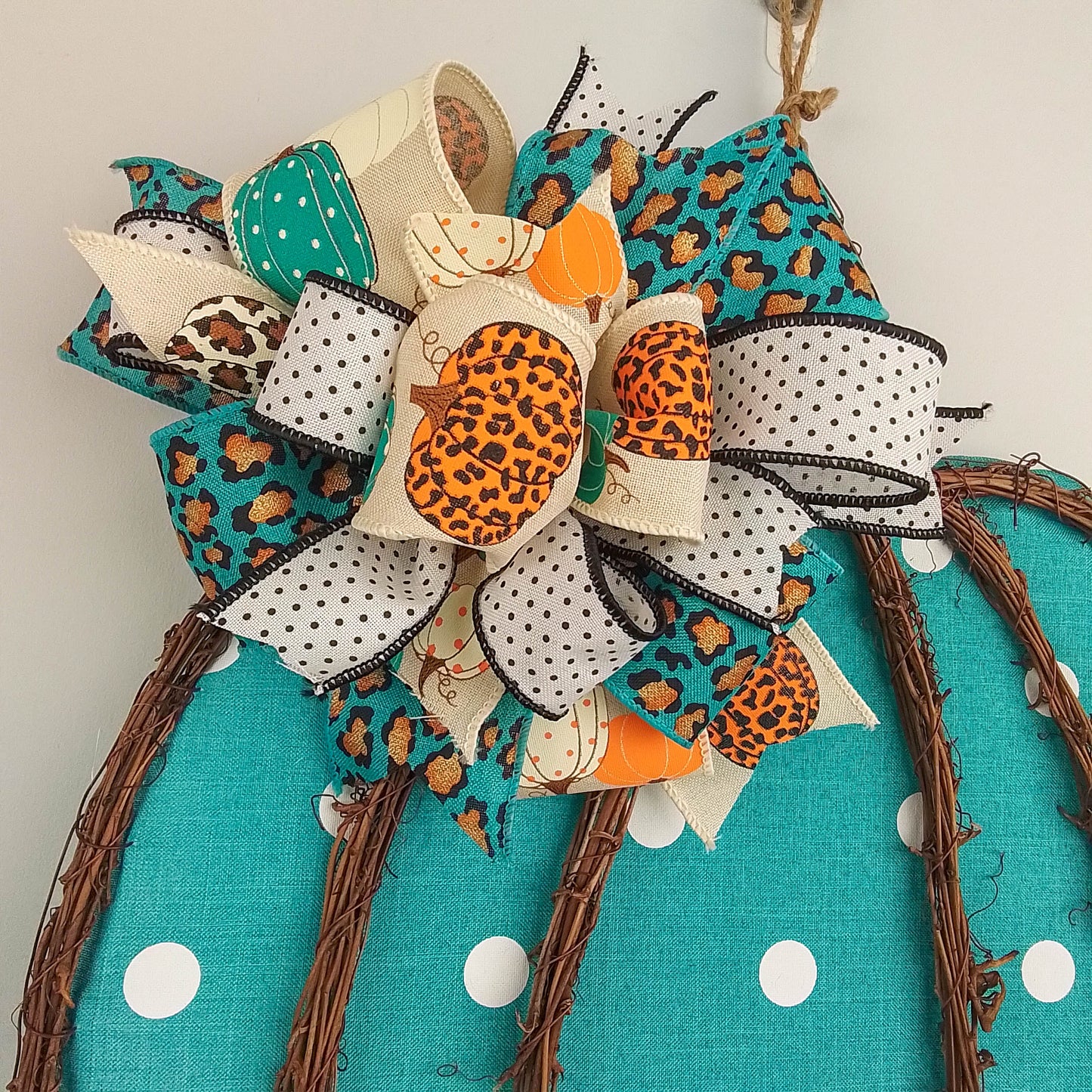Turquoise Fall Decoration - Polka Dot Pumpkin Door Hanger Gifts - Fall Thanksgiving Grapevine Wreath - Halloween Door Hanger Oversized Bow Jute Burlap Door Decor; White Brown White