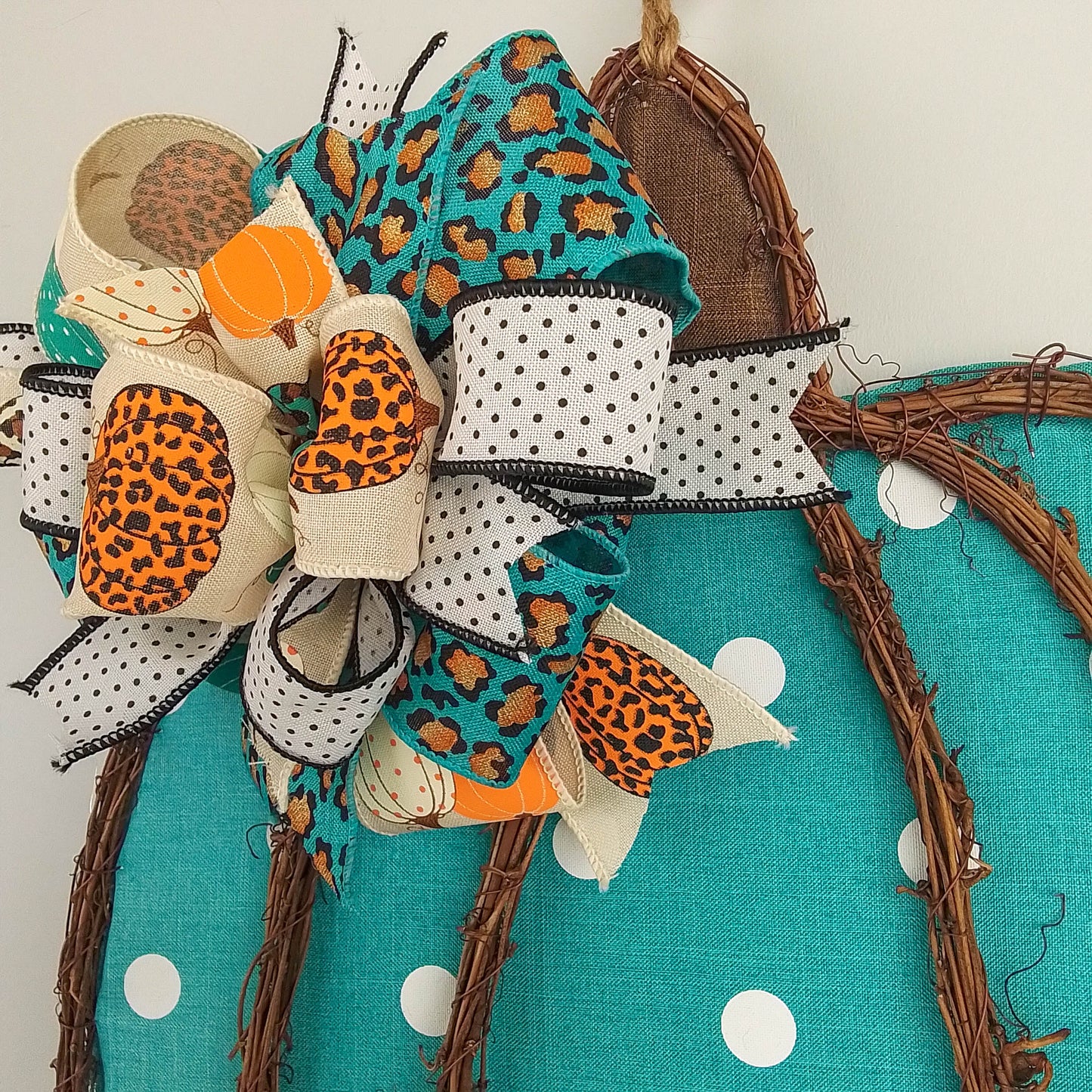 Turquoise Fall Decoration - Polka Dot Pumpkin Door Hanger Gifts - Fall Thanksgiving Grapevine Wreath - Halloween Door Hanger Oversized Bow Jute Burlap Door Decor; White Brown White