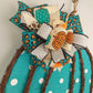 Turquoise Fall Decoration - Polka Dot Pumpkin Door Hanger Gifts - Fall Thanksgiving Grapevine Wreath - Halloween Door Hanger Oversized Bow Jute Burlap Door Decor; White Brown White