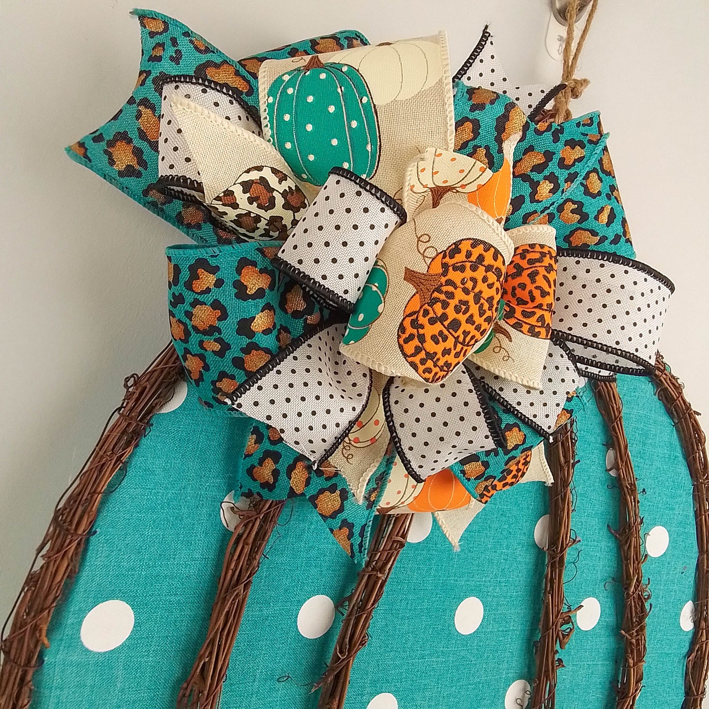 Turquoise Fall Decoration - Polka Dot Pumpkin Door Hanger Gifts - Fall Thanksgiving Grapevine Wreath - Halloween Door Hanger Oversized Bow Jute Burlap Door Decor; White Brown White