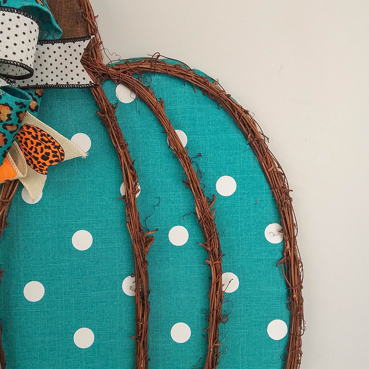 Turquoise Fall Decoration - Polka Dot Pumpkin Door Hanger Gifts - Fall Thanksgiving Grapevine Wreath - Halloween Door Hanger Oversized Bow Jute Burlap Door Decor; White Brown White